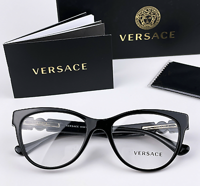 New Versace Reading Glasses VE 3304 GB1 53 18 Black Gold CatEye Frames Readers