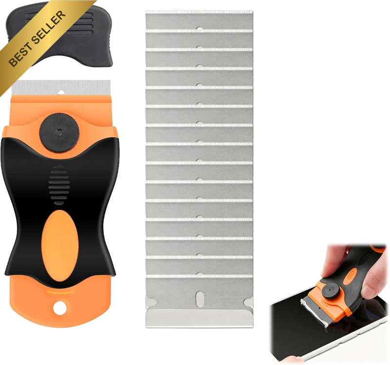 Razor Blade Scraper with 15 Extra Blades, Retractable Paint Scraper for Glass, D