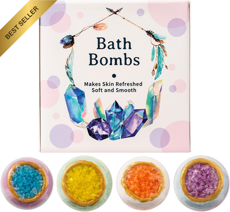 4 Pcs Crystal Bath Bombs Set for Women, Bubble Bath Kit with Organic Plant Extra