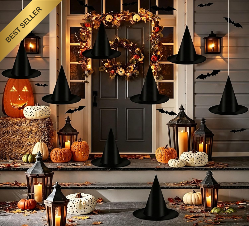 12 Hanging Witch Hats with Nylon Strings & 28 3D Bat Stickers