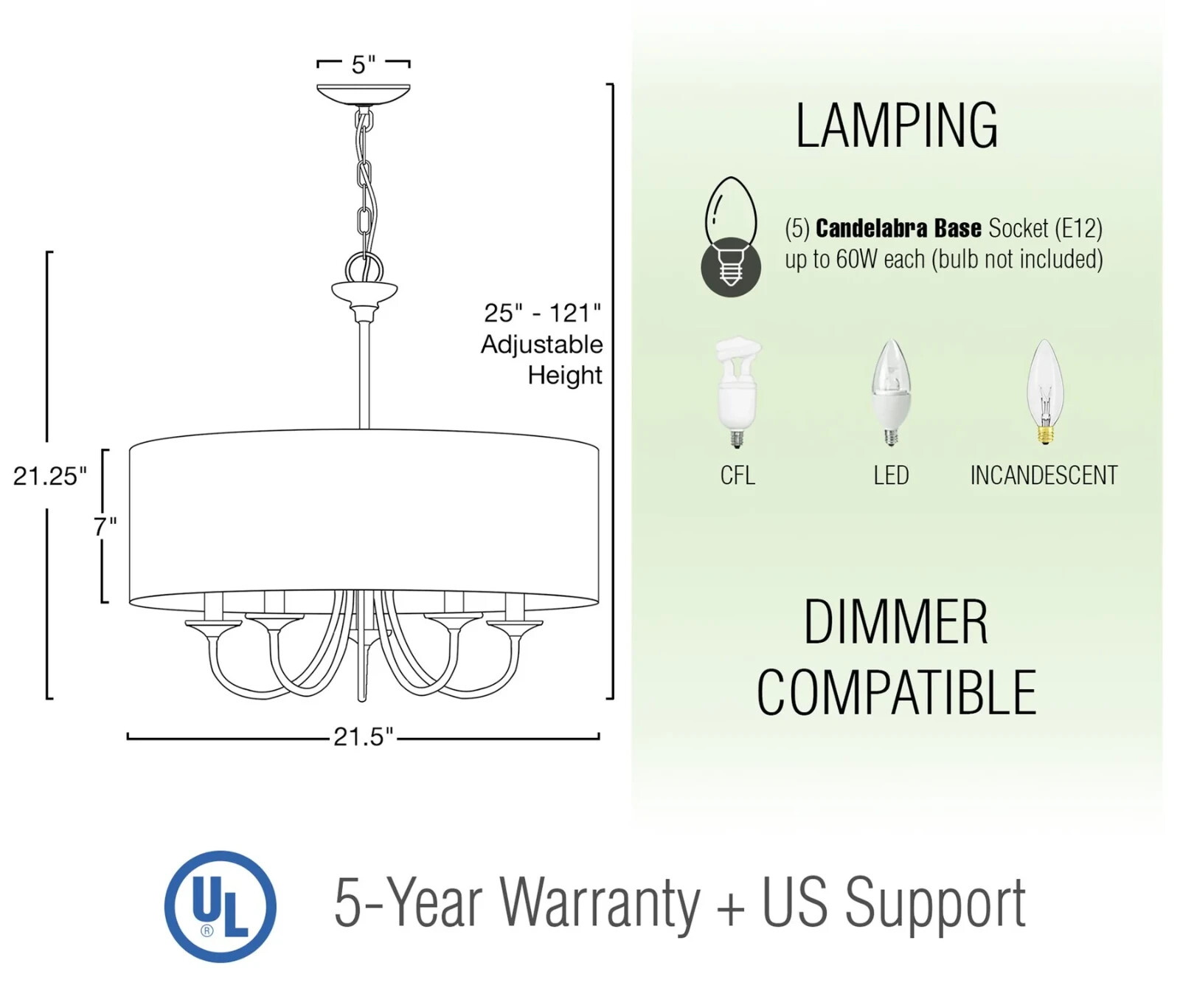 21" Traditional 5-Light Chandelier / Adjustable Chain Link Hanging Light + White