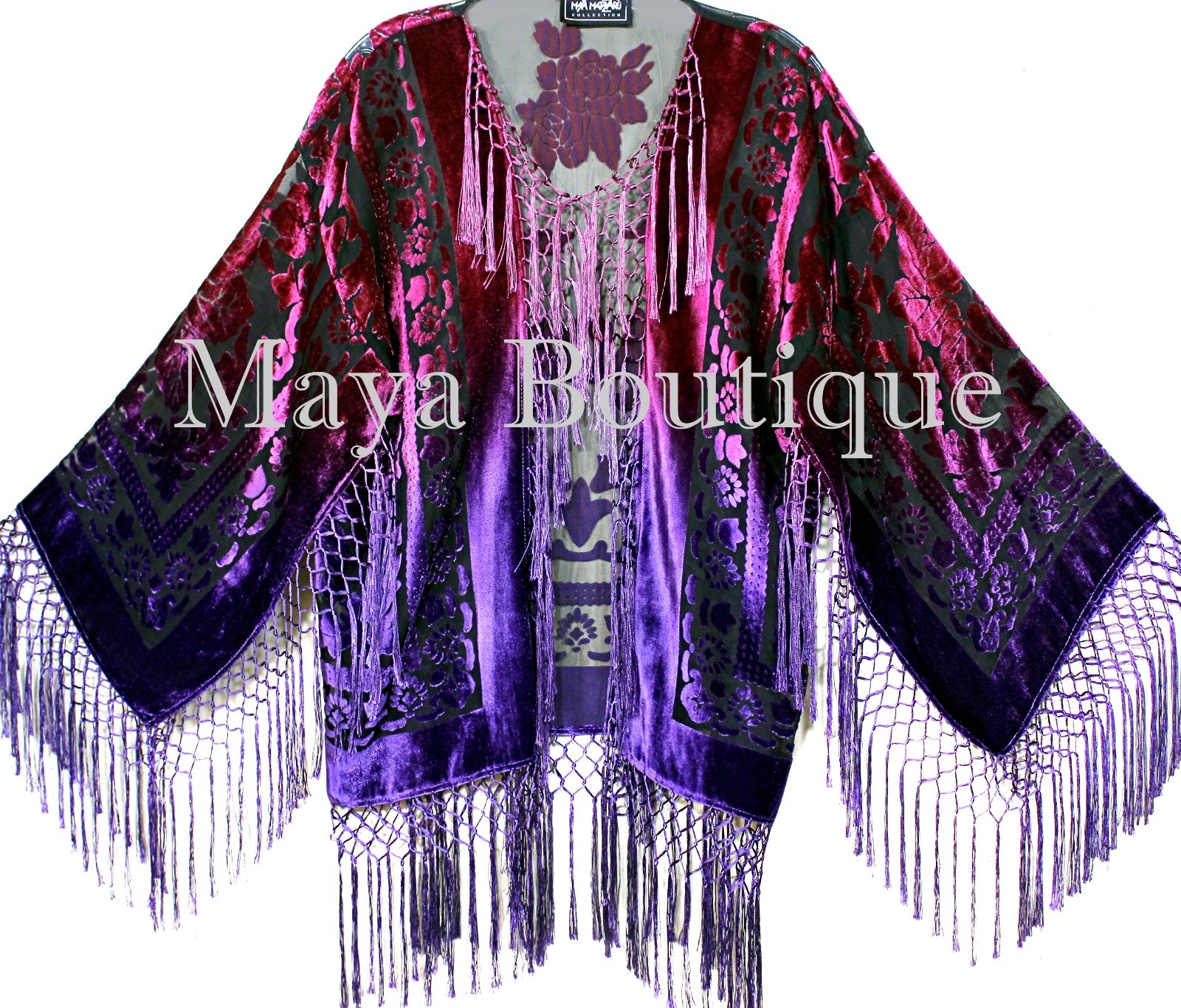 Pre-owned Maya Matazaro Art To Wear Burnout Velvet Kimono Jacket Hand Dyed Violet Magenta  In Violet Magenta Ombre