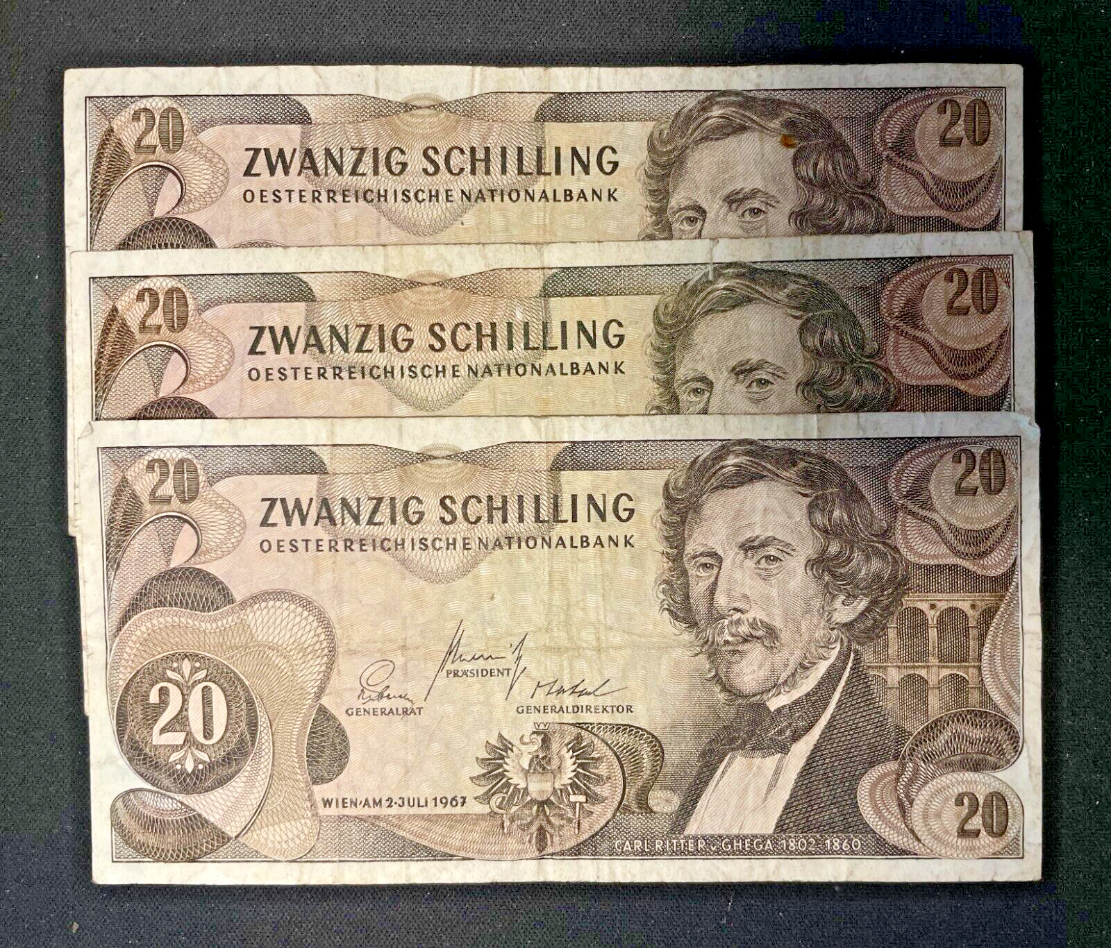 Three (3) 1967 Austria Zwanzig Schilling $20 Banknotes