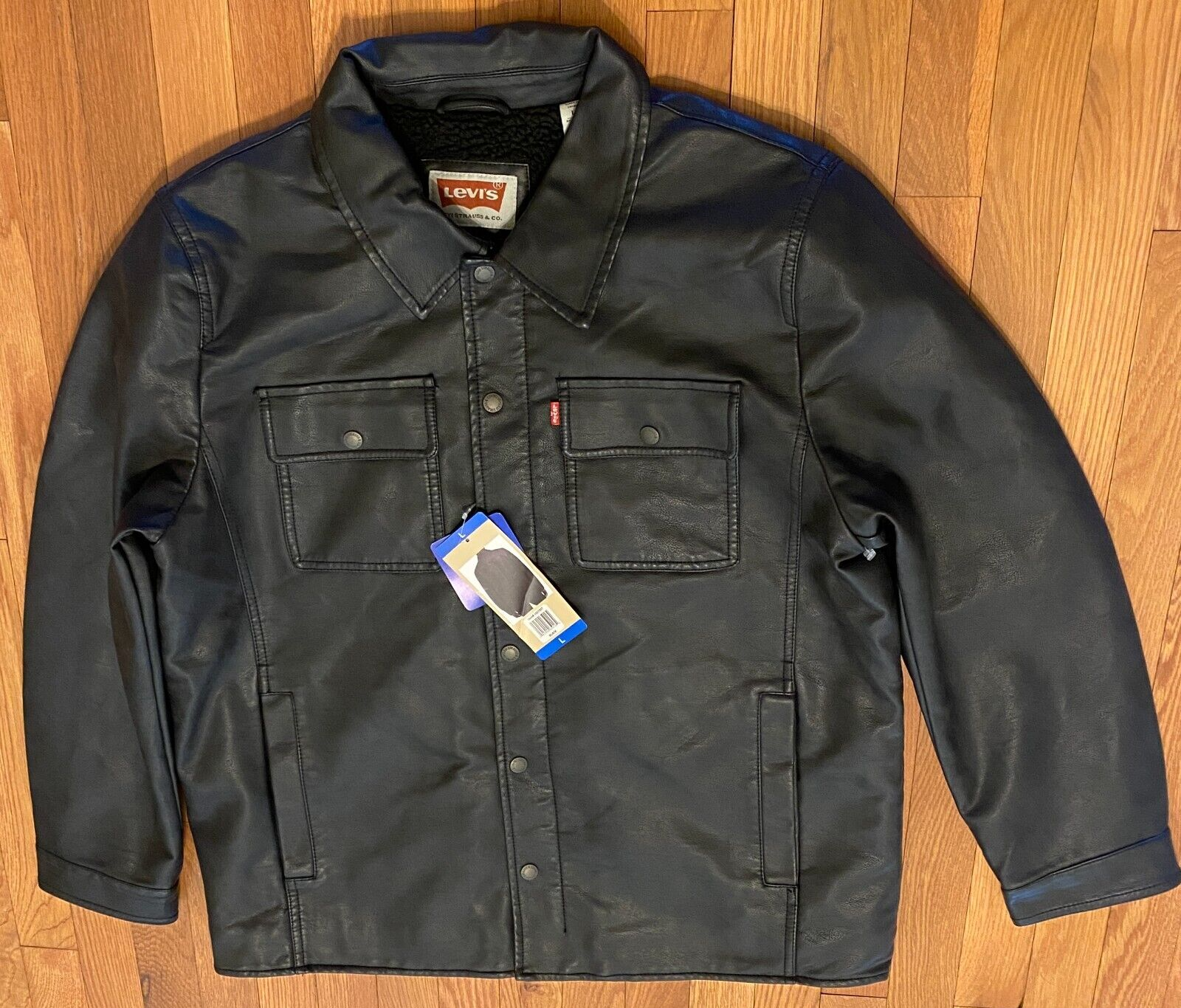 Real Levi&rsquo;s Mens Sherpa Lined Faux Leather Trucker Jacket L Large Black Red Tab