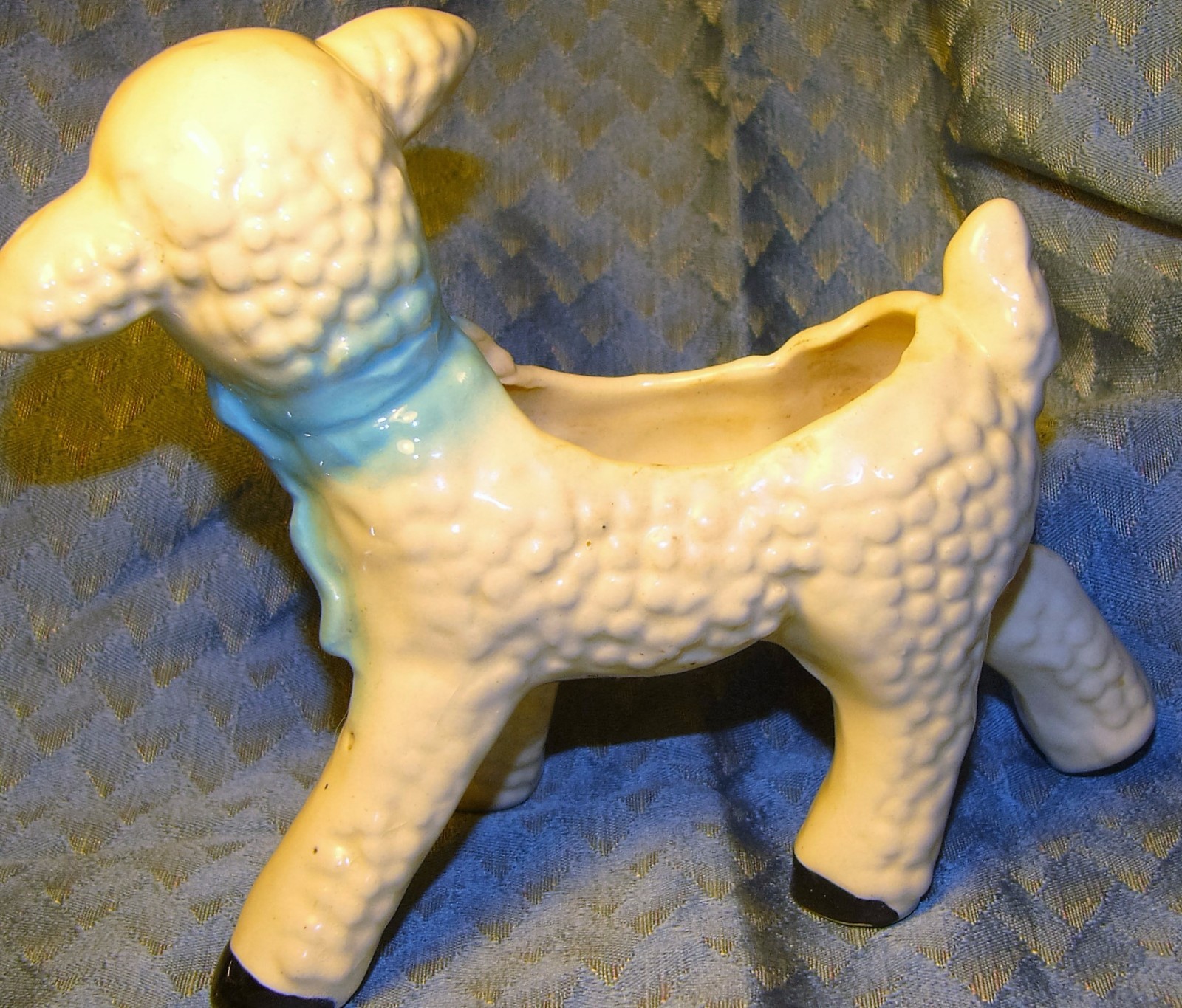 Lamb Planter Baby Nursery Gift Vintage Pottery Blue Bow