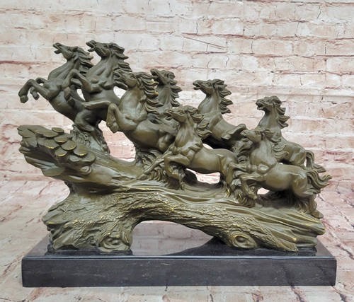 Eight Running Horses Bronze Sculpture on Marble Base by Milo