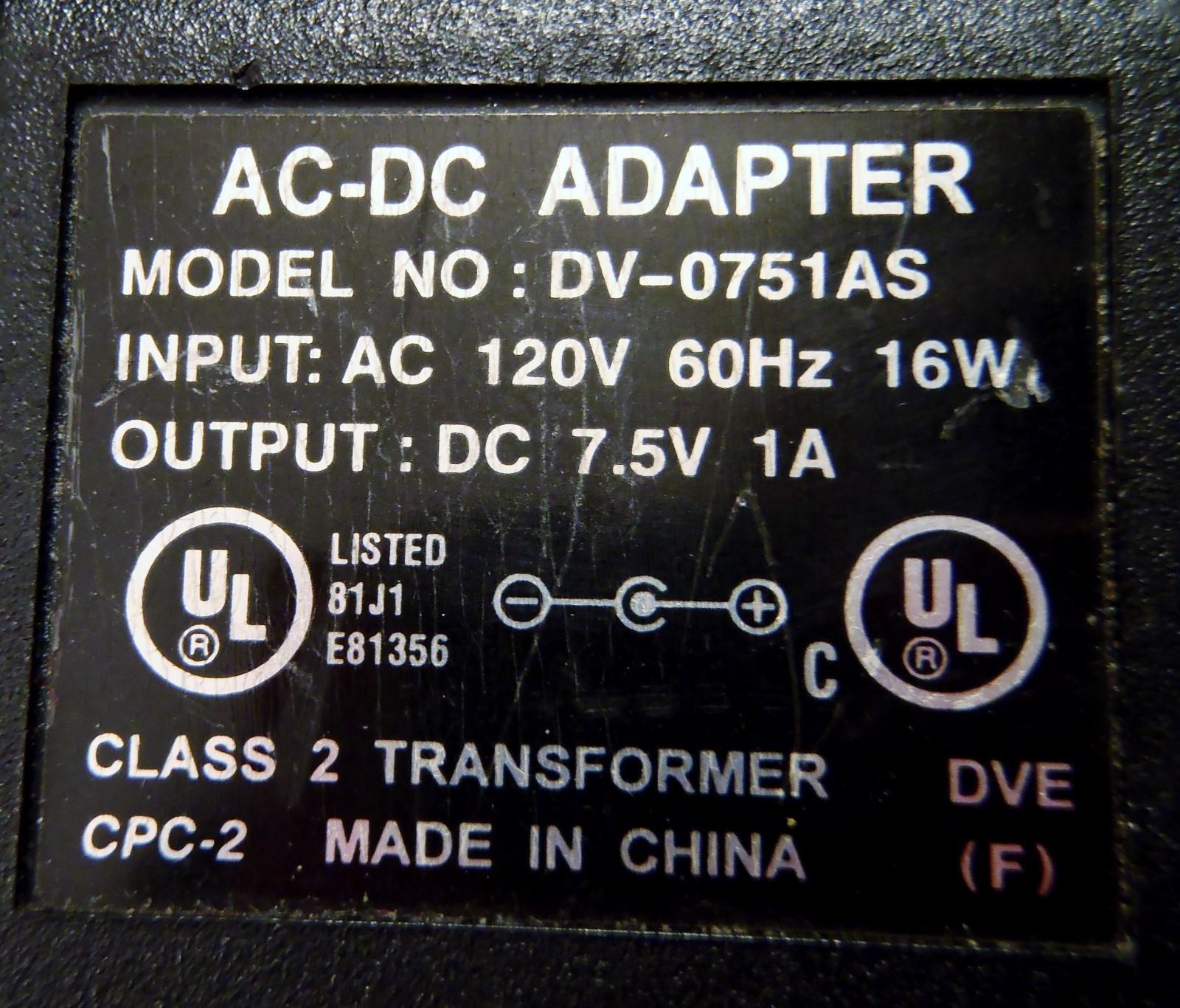 DV-0751AS Power Supply 7.5V AC/DC 1A Battery Charger Adapter Transformer