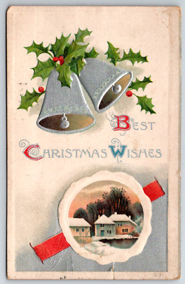 c1910s Best Christmas Wishes Embossed Bells Snow Antique Postcard