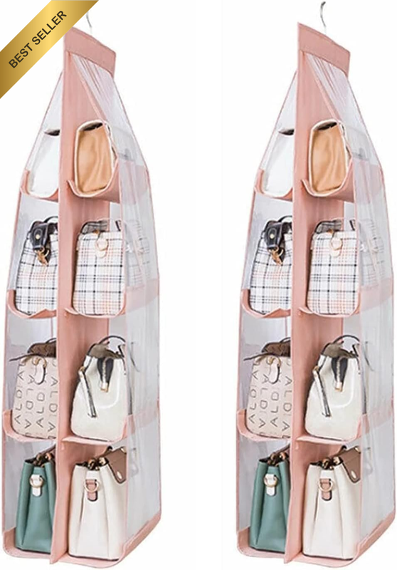 2 Pack Hanging Purse Organizer, Thickened Oxford Cloth+Pvc, 8 Grid, Pink
