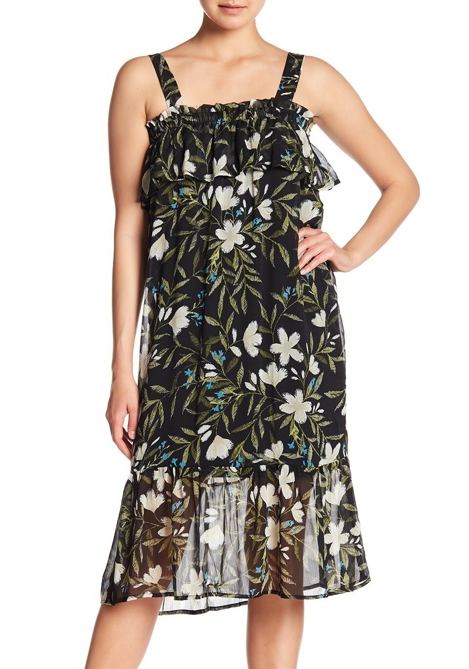 Bobeau 155664 Women's Floral Print Chiffon Midi Dress Black Tropical Sz. Large