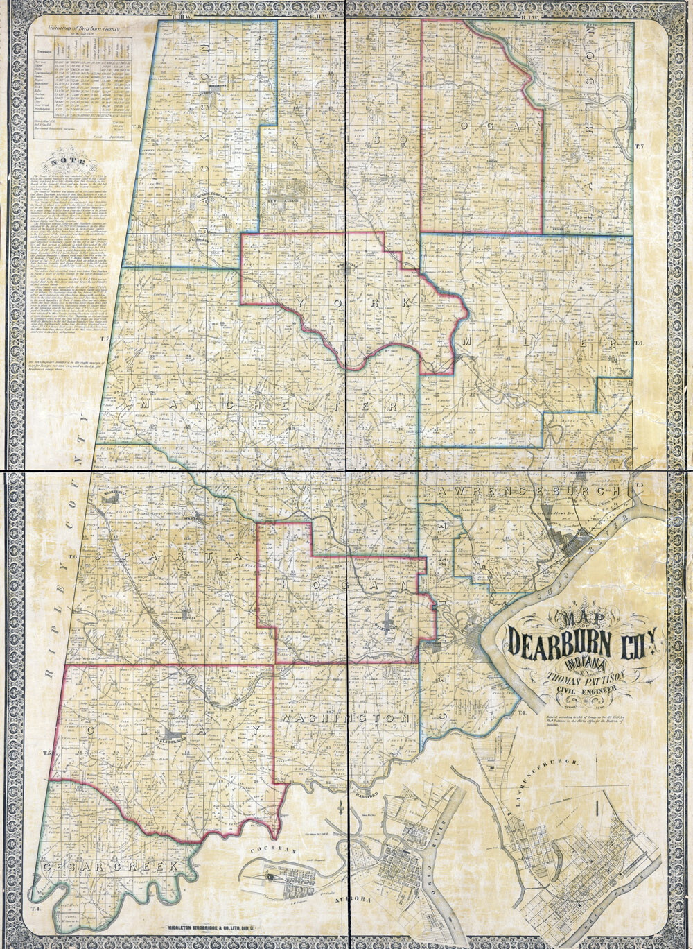 1860 Farm Line Map of Dearborn County Indiana 