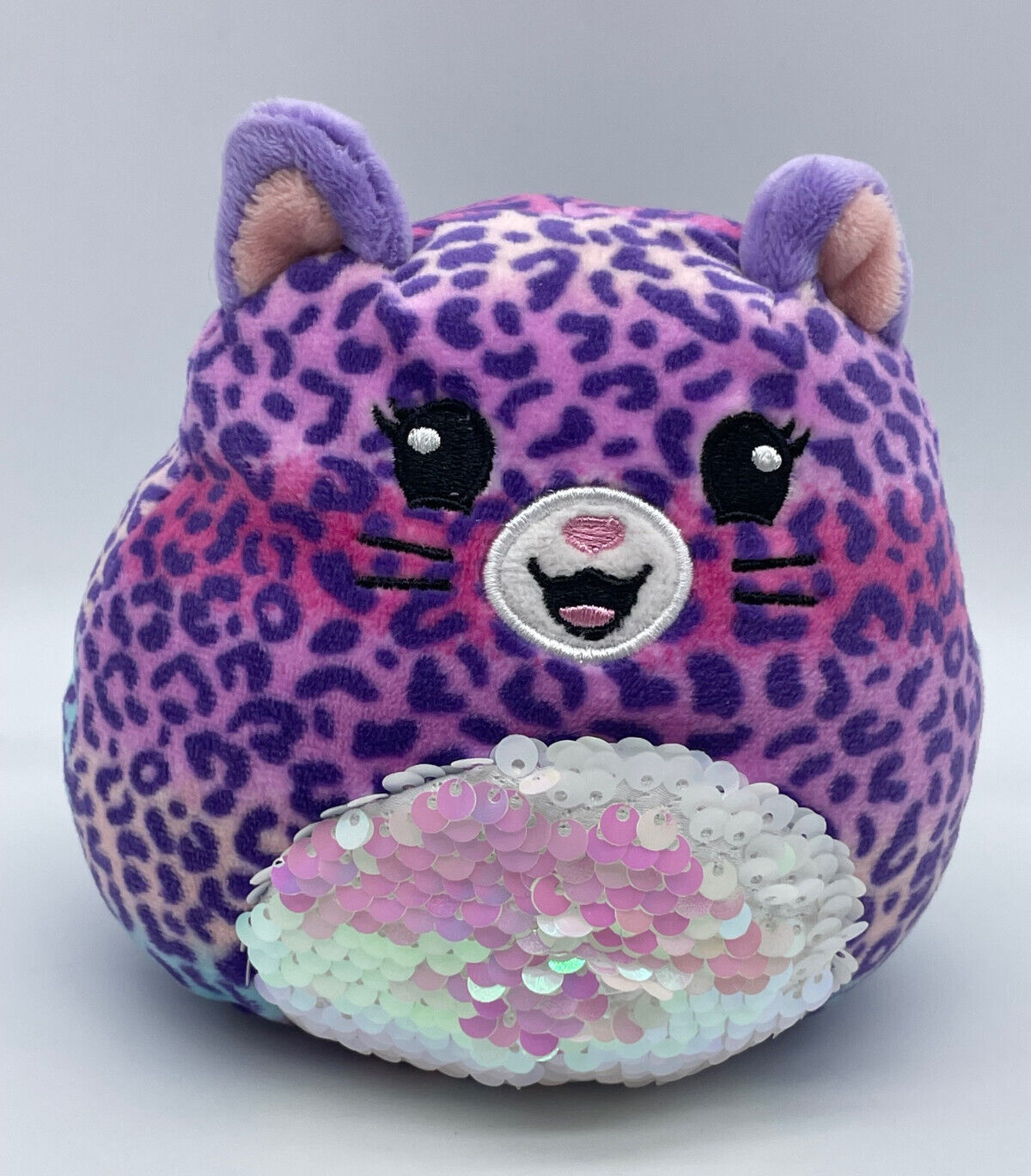Squishmallow Kat the Leopard Cheetah Mystery Squad Purple Pink Plush Sequin 4.5