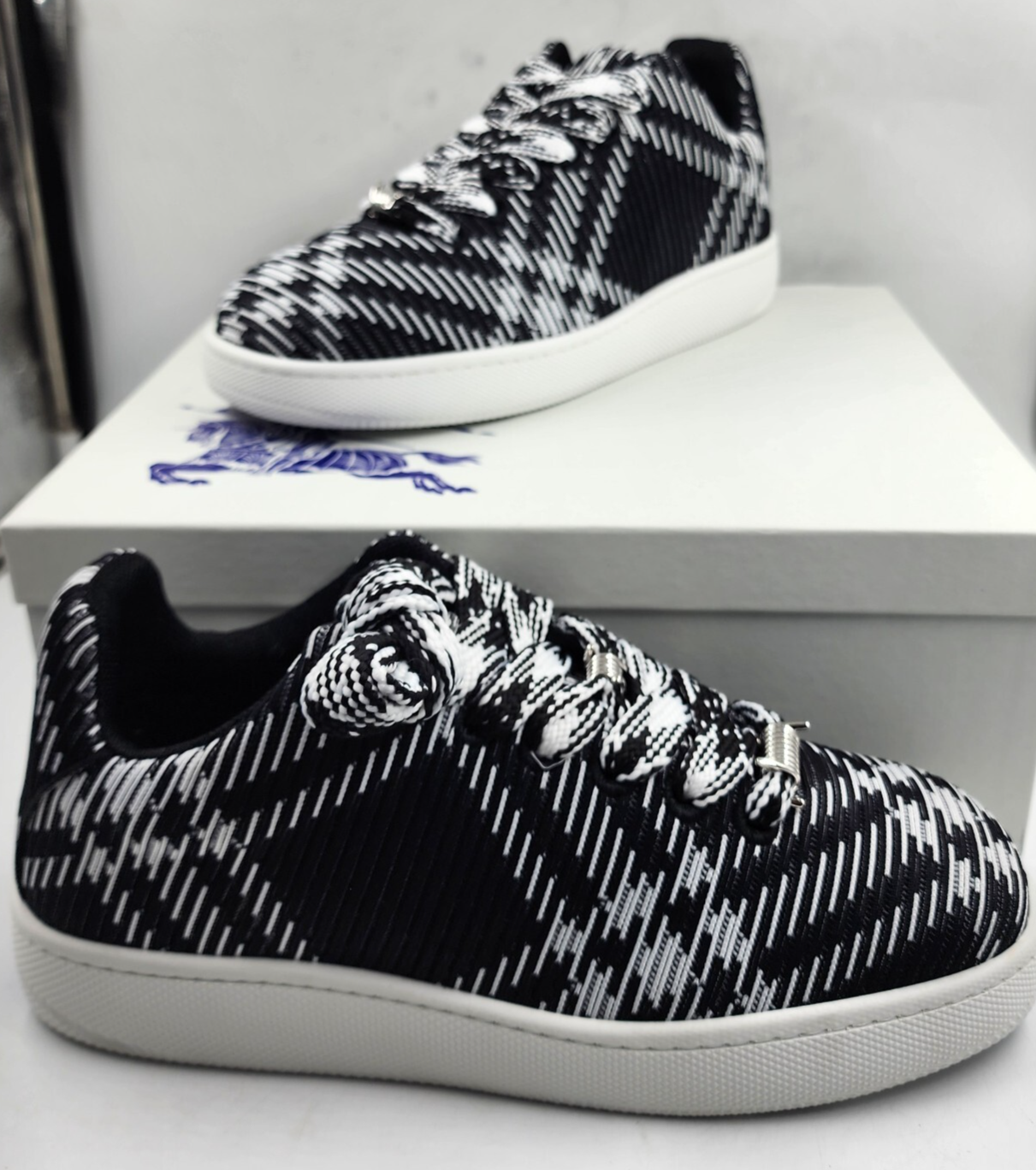 Burberry Check Knit Box Low-Top Sneakers Men's 46/13 US Black/White Lace Up - Picture 2 of 17