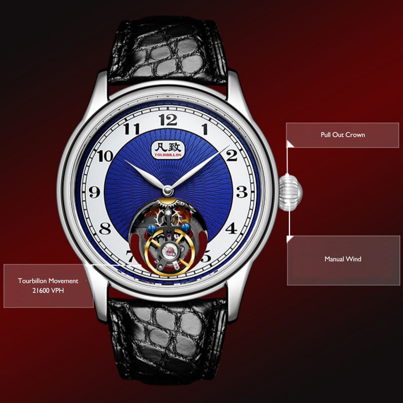 Pre-owned Merkur Men Tourbillon Watch 43mm Luxury Mechanical Wristwatch Gradient Blue Dial
