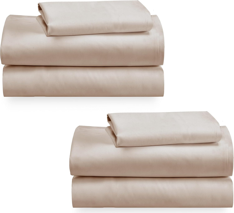 100% Cotton 2-Pack Twin XL Sheet Sets, Soft & Durable Extra Long Twin Sheet Sets with Deep Pockets, Twin XL Sheets with Sateen Weave, Cooling Sheets (Beige)