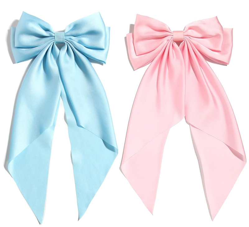 Hair Clip, Pink and Blue Big Satin Bow for Women and Girls, Double Layer Bow Bar