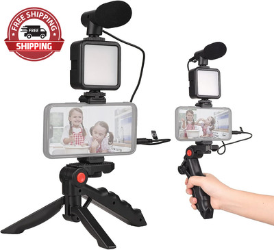 Smartphone Vlog Kit Mini LED Video Light + Cardioid Microphone + Extendable Phon