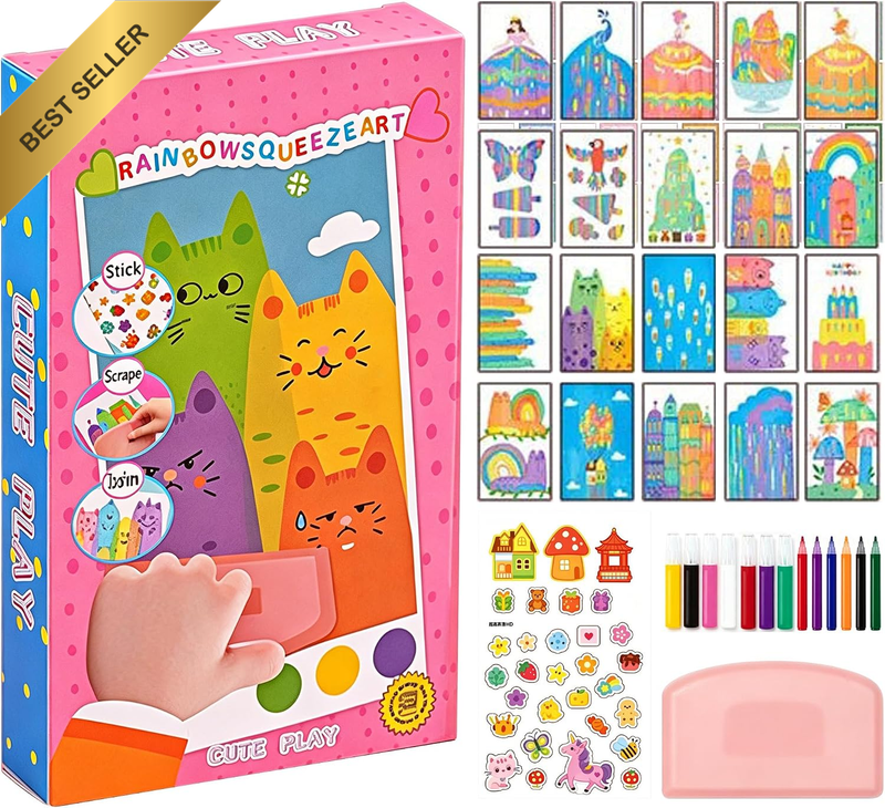 Rainbow Scratch Art Paper Kit, Creative Squeegee Painting Postcards for DIY Craf