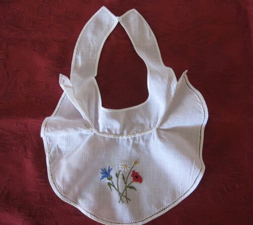 ANTIQUE FRENCH FLORAL EMBROIDERED AND OPEN WORK TRIM BABY BIB
