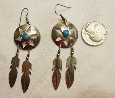 Vintage Large Signed DV Lee Turquoise Feather Sterling Silver Dangle Earrings