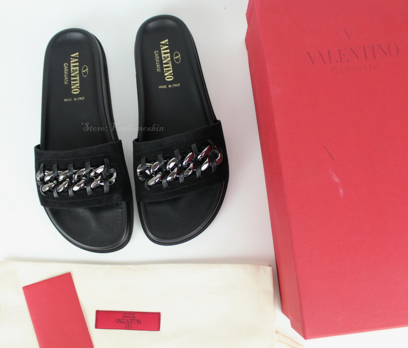 Pre-owned Valentino Garavani Chain Slide, Black Suede, Eur 38.5, Msrp $695