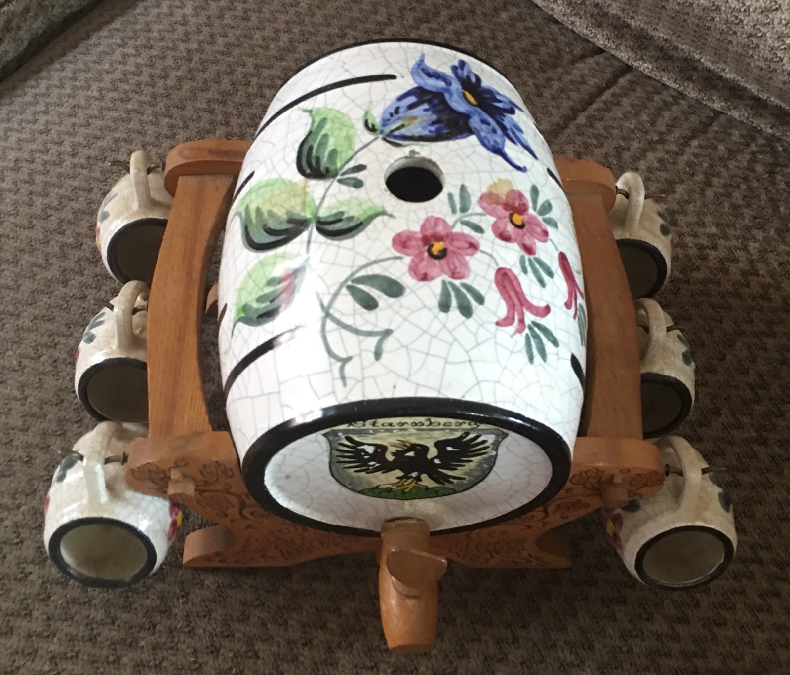 Vintage Ceramic Mini Beer Keg Barrel w/ 6 mini mugs Starnberg Bavaria Germany