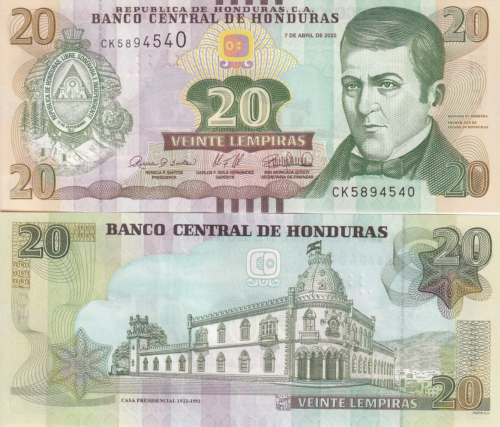 Honduras 20 Lempiras 2022 P 100 UNC, Old Presidential Building,Tegucigalpa