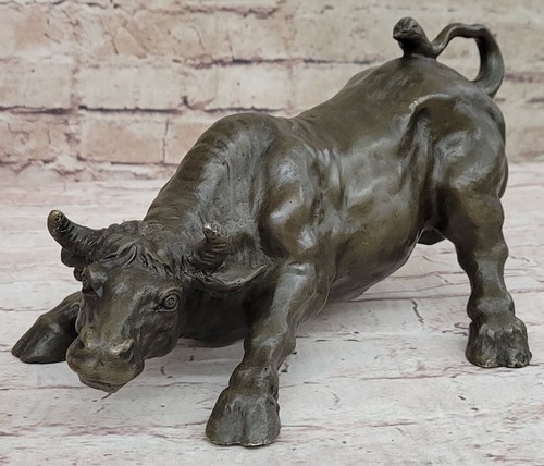 Large Magnificent Stock Market Bull Toro Bronze Sculpture Marble Base Statue Art