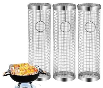 3 x Zylindrischer Grillkorb Rund Edelstahl Gemüsekorb Grillnetz für Grillgemüse