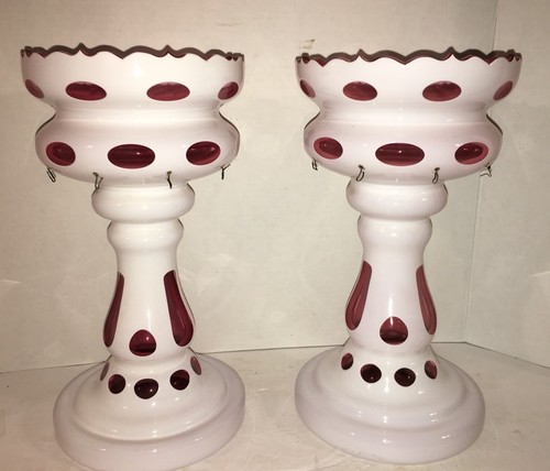 RARE Pair Mantle Lusters COIN DOT OPTIC White Cut to Cranberry Large Size Moser