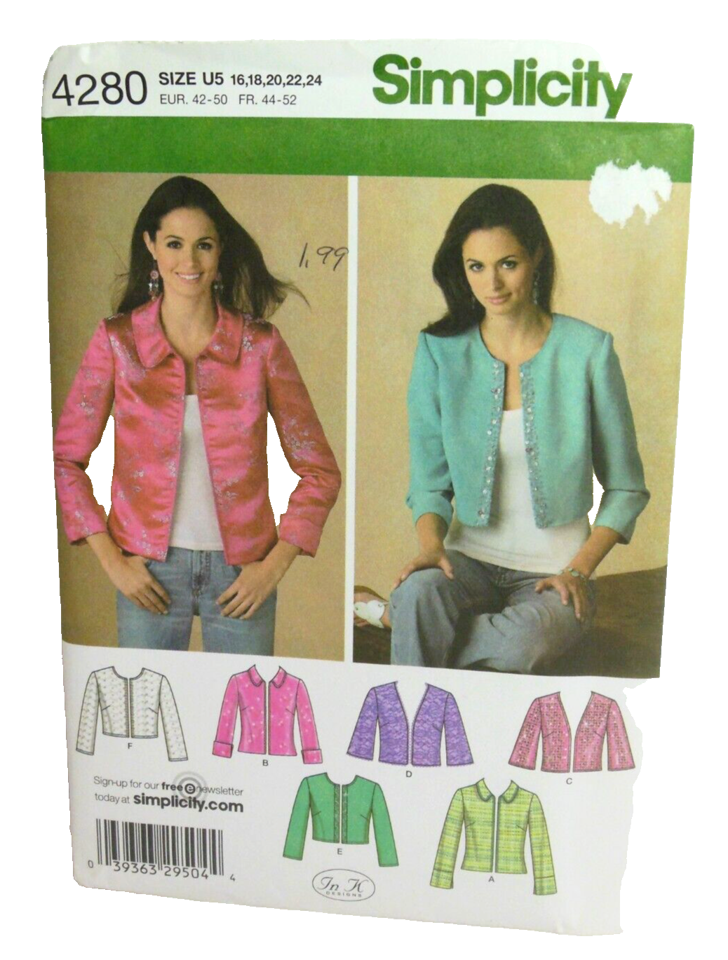 大人気新品 Simplicity Sewing Pattern 4280 Sz 16 18 20 22 24 Misses 裁縫材料
