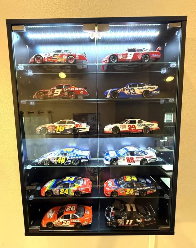 Car Display Case 1/24 Diecast Model LED Light Minifigures NASCAR Wall Cabinet