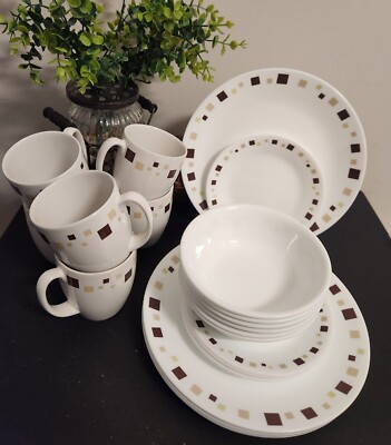 24pc Corelle GEOMETRIC Dinner & Lunch Plates,  Bowls, Mugs Service For 6 EUC 
