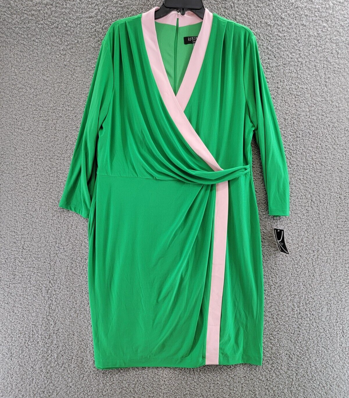 Kasper Colorblocked Faux-Wrap Sheath Dress Women's XXL Green/Pink Back Zip - Picture 2 of 16