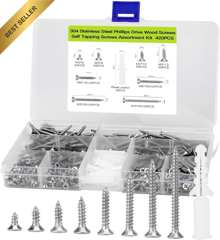 304 Stainless Steel Wood Screw Phillips Flat Head,420Pcs M3 Flat Head Self-Tappi