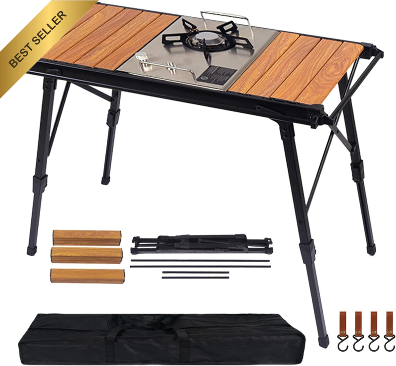 Portable Roll-Top Aluminum Camping Table - Adjustable Height, Beige