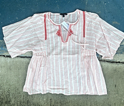 Banana Republic Red Striped Tie-Neck Embroidered Blouse-NWT  (bt5)
