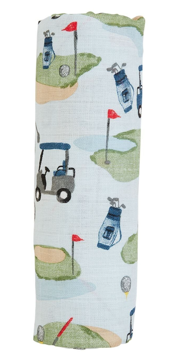 Mud Pie Baby Boy !00% Cotton Nursery Blue Golf  Swaddle Blanket 47" x 47" NEW