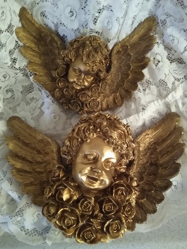 2 Rare Vintage 3D Cherub Angel Face & Wings Rose Flowers Art Gold