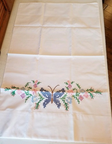 Vintage Pair Of Embroidery Pillowcases Colorful  Beautiful Butterfly Design
