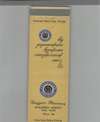 Matchbook Cover Drug Store Daggett's Pharmacy Walgreen Agency Milo, ME