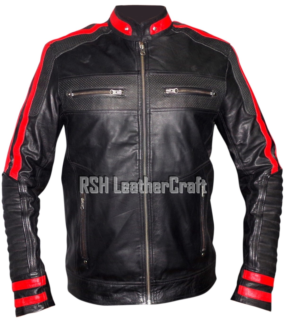 Preowned Rsh Leathercraft Men's Black & Red Motorcycle Cafe Racer Real