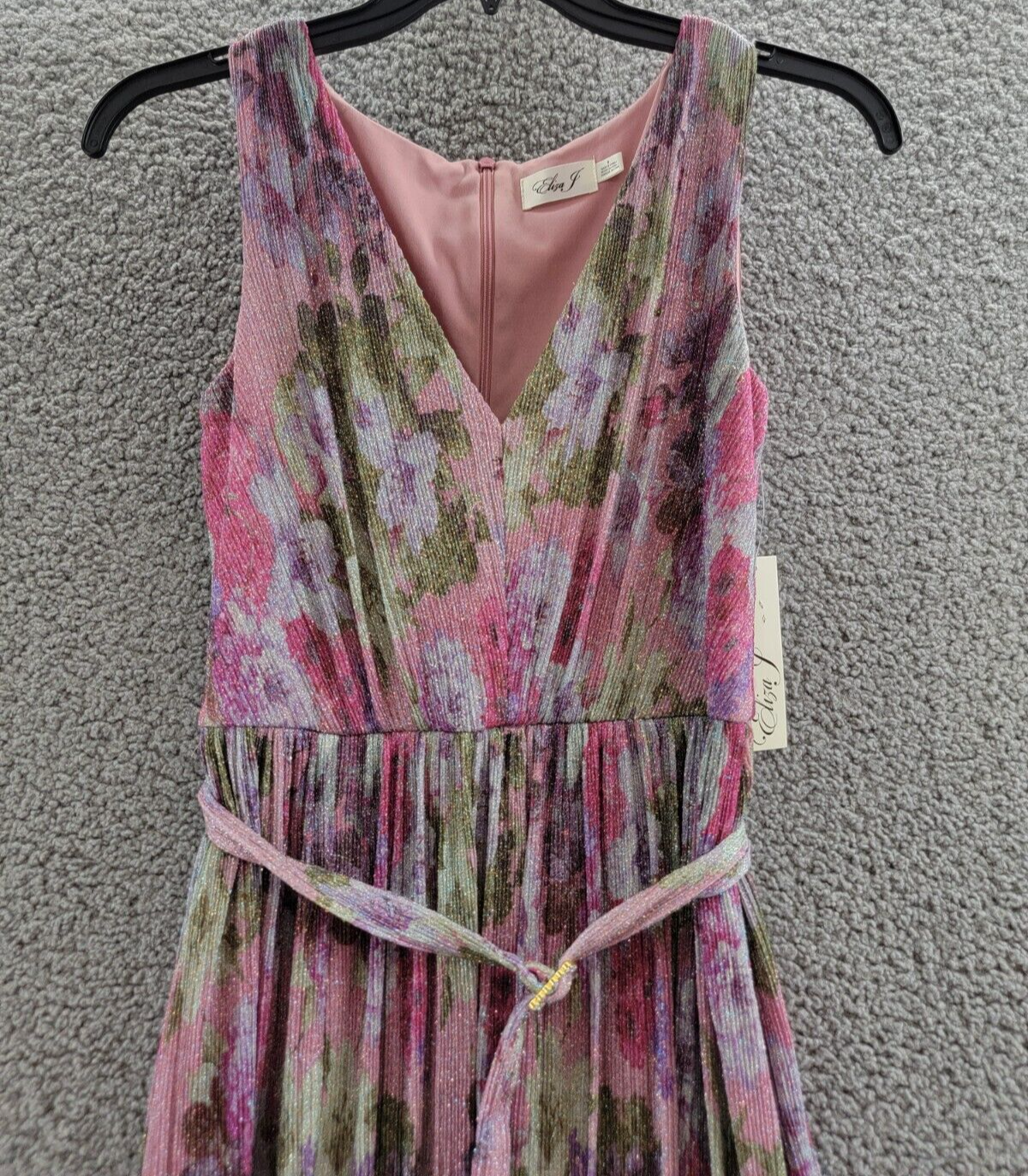 Eliza J Shimmer Belted Maxi Dress Women's 8 Pink Multi Sleeveless Zip Closure - Picture 3 of 16