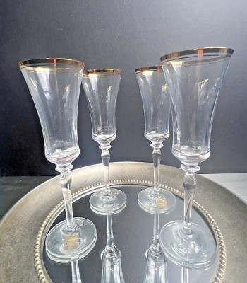 Mikasa Jamestown Gold Trim Fluted Champagne Glasses 9 1/8  Set of 4-New Open Box