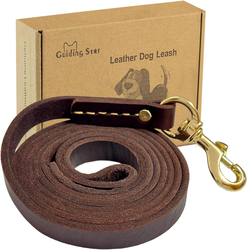 Leather Dog Leash 6ft Heavy Duty for Large Dogs Soft Handmade Training Brown