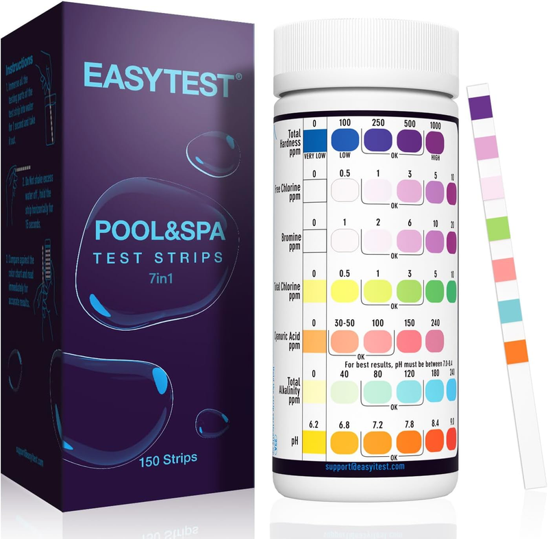 7-Way Pool Test Strips, 150 Strips Water Chemical Testing for Hot Tub and Spa, Accurate Test Bromine, Total Alkalinity, Ph, Free Chlorine, Total Hardness, Cyanuric Acid, and Total Chlorine