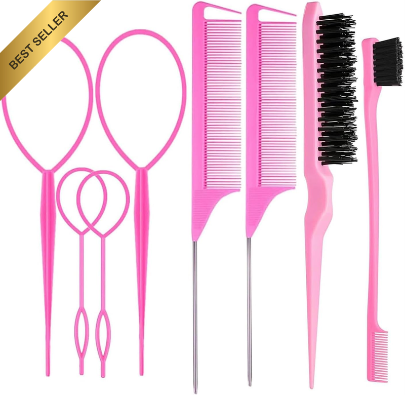 8 Pcs Professional Hair Brushes Set - Includes 4 Topsy Tail Tools, Teasing Brush