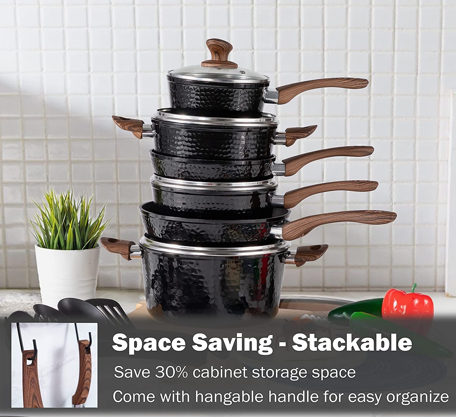 Induction Cookware Sets 15 Pcs Black Hammered Granite Cooking Pots and Pans Set