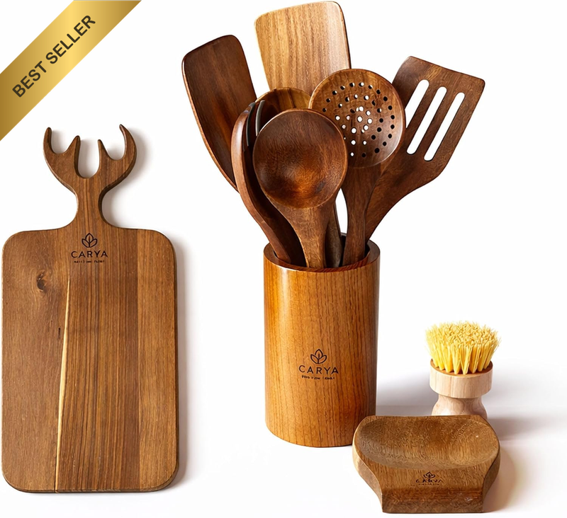 11Pcs Premium Wooden Kitchen Utensils Set with Cutting Board, Holder&Brush:100%