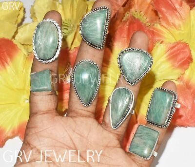 10Pcs Amazonite Gemstone Adjustable Ring 925 Sterling Silver Plated ADJR-13